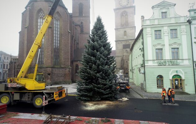 Na Velkém náměstí už stojí vánoční strom, jedli ojíněnou brzy rozsvítí