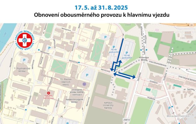 Provoz k hlavní bráně do fakultní nemocnice bude od soboty opět obousměrný