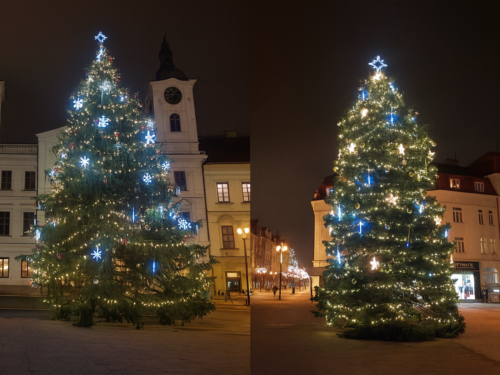ANKETA: Svítící vánoční stromy na náměstích. Který se vám líbí víc?
